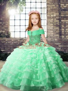 Apple Green Straps Lace Up Beading and Ruffled Layers Kids Pageant Dress Sleeveless