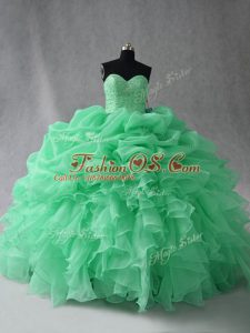 Sleeveless Floor Length Beading and Ruffles and Pick Ups Lace Up Sweet 16 Quinceanera Dress with Apple Green