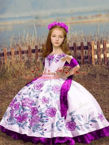 Off The Shoulder Sleeveless Satin Little Girl Pageant Gowns Embroidery Lace Up