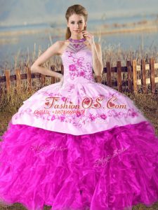 Luxury Fuchsia Lace Up Halter Top Embroidery and Ruffles Quinceanera Dresses Organza Sleeveless Court Train