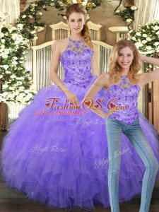 Sophisticated Lavender Lace Up Quinceanera Dresses Beading and Ruffles Sleeveless Floor Length