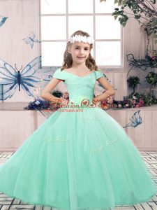 Fashionable Lace and Belt Little Girls Pageant Gowns Apple Green Lace Up Sleeveless Floor Length