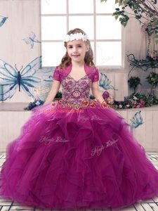 Custom Designed Fuchsia Ball Gowns Tulle Straps Sleeveless Beading and Ruffles Floor Length Lace Up Little Girl Pageant Dress