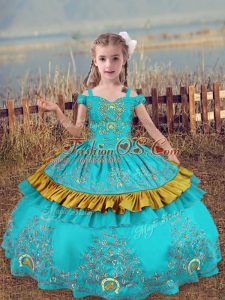 Cute Satin Off The Shoulder Sleeveless Lace Up Beading and Embroidery Child Pageant Dress in Aqua Blue