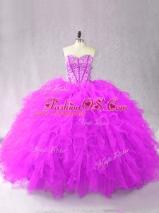 Purple Ball Gowns Sweetheart Sleeveless Tulle Floor Length Lace Up Beading and Ruffles Sweet 16 Quinceanera Dress