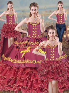 Burgundy Sweetheart Neckline Embroidery Sweet 16 Dresses Sleeveless Lace Up