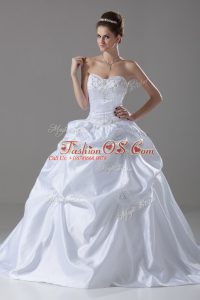 White Wedding Gown Taffeta Brush Train Sleeveless Embroidery and Pick Ups and Hand Made Flower