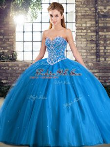 Hot Sale Brush Train Ball Gowns Quinceanera Gown Baby Blue Sweetheart Tulle Sleeveless Lace Up