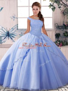 Fashionable Brush Train Ball Gowns 15 Quinceanera Dress Lavender Off The Shoulder Tulle Sleeveless Lace Up