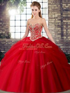 Red Ball Gowns Tulle Sweetheart Sleeveless Beading and Pick Ups Lace Up Quinceanera Gown Brush Train