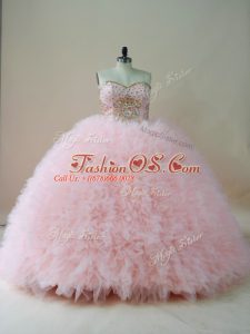Fashion Sweetheart Sleeveless Ball Gown Prom Dress Brush Train Beading and Ruffles Baby Pink Tulle