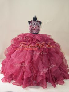 Backless Quince Ball Gowns Burgundy for Sweet 16 and Quinceanera with Beading and Ruffles Brush Train