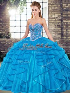 Blue Sweetheart Neckline Beading and Ruffles 15 Quinceanera Dress Sleeveless Lace Up