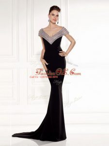 Hot Selling Black Chiffon Backless Evening Dresses Sleeveless Brush Train Beading
