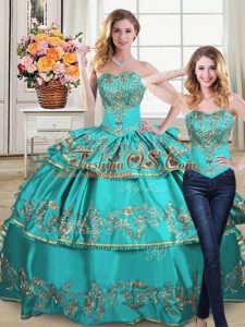 Aqua Blue Organza Lace Up Sweet 16 Quinceanera Dress Sleeveless Floor Length Embroidery and Ruffled Layers