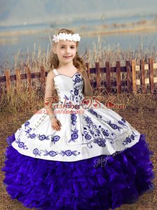 Sleeveless Floor Length Embroidery and Ruffles Lace Up Little Girls Pageant Dress with Purple