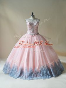 Wonderful Floor Length Pink Sweet 16 Quinceanera Dress Tulle Sleeveless Beading and Appliques