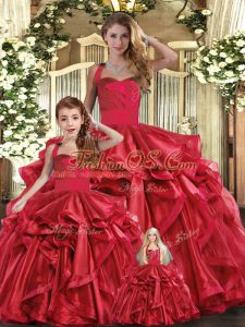 Stunning Floor Length Red Quince Ball Gowns Organza Sleeveless Ruffles
