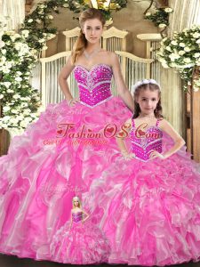 Discount Rose Pink Organza Lace Up Sweetheart Sleeveless Floor Length Quince Ball Gowns Beading and Ruffles