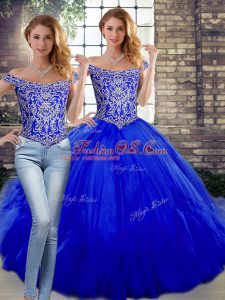 Exceptional Off The Shoulder Sleeveless Lace Up Quinceanera Gowns Royal Blue Tulle