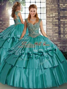 Teal Straps Lace Up Beading and Ruffled Layers Sweet 16 Quinceanera Dress Sleeveless