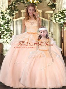 Beautiful Peach Zipper Scoop Lace Quinceanera Dress Organza Sleeveless