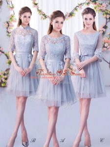 Free and Easy Grey Empire Tulle Scoop Half Sleeves Lace Mini Length Lace Up Wedding Party Dress