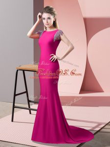Simple Hot Pink Mermaid Elastic Woven Satin High-neck Short Sleeves Beading Backless Prom Evening Gown Brush Train