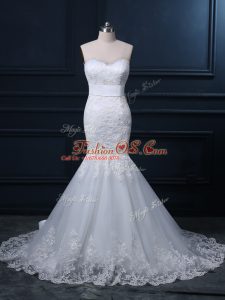 Affordable White Mermaid Tulle Sweetheart Sleeveless Lace Zipper Bridal Gown Brush Train
