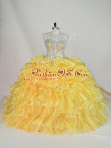 Gold Ball Gowns Beading and Ruffles Sweet 16 Quinceanera Dress Lace Up Organza Sleeveless Floor Length
