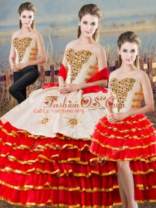 Edgy White And Red Sleeveless Floor Length Beading and Ruffled Layers Lace Up Sweet 16 Dress