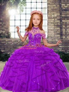 Top Selling Purple High-neck Lace Up Beading and Ruffles Child Pageant Dress Sleeveless