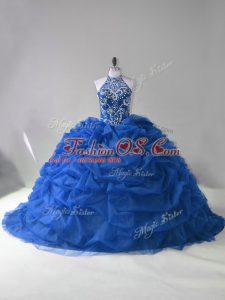 Nice Ball Gowns Sleeveless Blue Quinceanera Dress Court Train Lace Up