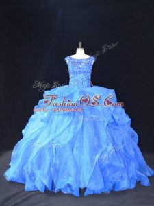 Dynamic Blue Organza Lace Up Scoop Sleeveless Quinceanera Gown Brush Train Beading and Ruffles