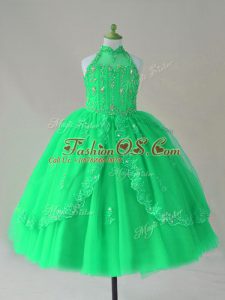 Latest Turquoise Ball Gowns Tulle High-neck Sleeveless Beading and Appliques Floor Length Lace Up Little Girls Pageant Gowns
