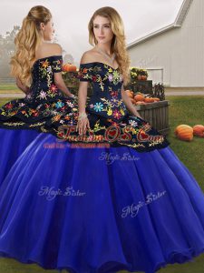 Graceful Off The Shoulder Sleeveless Lace Up 15th Birthday Dress Royal Blue Tulle