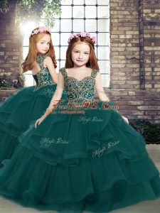 Peacock Green Straps Neckline Beading and Ruffles Little Girl Pageant Gowns Sleeveless Lace Up