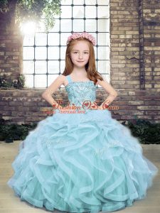 New Arrival Tulle Straps Sleeveless Lace Up Beading and Ruffles Little Girl Pageant Dress in Light Blue