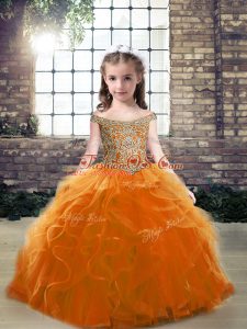 Inexpensive Floor Length Ball Gowns Sleeveless Orange Kids Formal Wear Lace Up