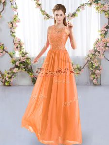 High Class Orange Sleeveless Lace Floor Length Bridesmaids Dress