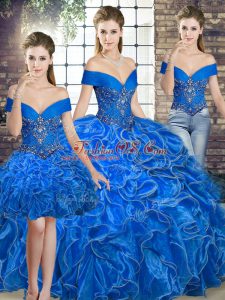 Modest Off The Shoulder Sleeveless Organza Sweet 16 Dresses Beading and Ruffles Lace Up