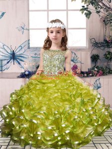 Scoop Sleeveless Lace Up Little Girls Pageant Dress Olive Green Organza