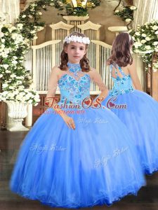 Tulle Halter Top Sleeveless Lace Up Appliques Pageant Dress Toddler in Blue