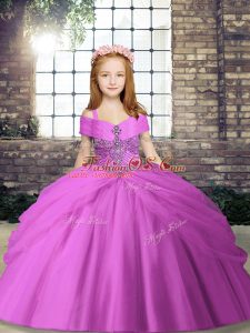 Eye-catching Sleeveless Tulle Floor Length Lace Up Pageant Dress for Teens in Lilac with Beading