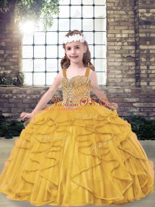 Gold Lace Up Straps Beading and Ruffles Girls Pageant Dresses Tulle Sleeveless