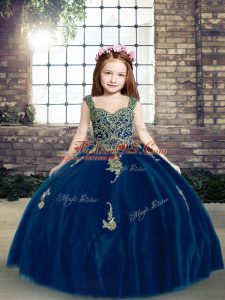 Blue Sleeveless Appliques Floor Length Little Girls Pageant Gowns