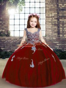Red Ball Gowns Appliques Little Girl Pageant Gowns Lace Up Tulle Sleeveless Floor Length
