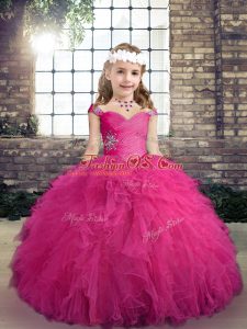 Excellent Fuchsia Straps Lace Up Beading and Ruffles Kids Pageant Dress Sleeveless