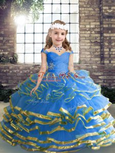 Excellent Blue Lace Up Little Girl Pageant Dress Beading and Ruffled Layers and Ruching Sleeveless Floor Length