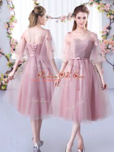 Enchanting Sleeveless Lace Up Tea Length Lace and Belt Bridesmaid Dresses